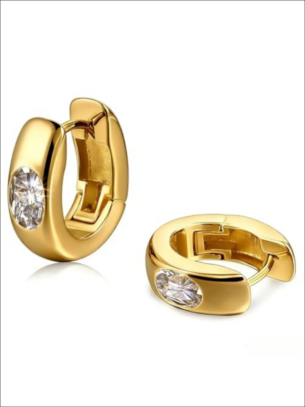 18K Gold Plated Oval Hoop Earrings Cubic Zirconia Snap Back Women